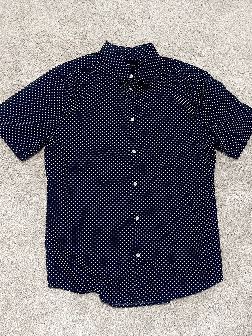 H&M 100% Cotton Navy & White Polka Dot Slim Fit Button Up Dress Shirt Size Large
